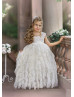Beaded Ivory Lace Wrinkled Chiffon Ruffled Flower Girl Dress